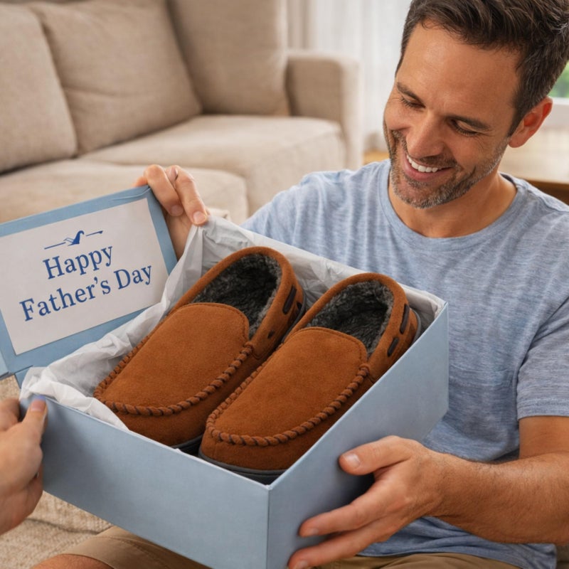 Dearfoams Men's Keaton Memory Foam Moccasin with Wide Widths Slipper, Chestnut Microsuede, Small - Image 2